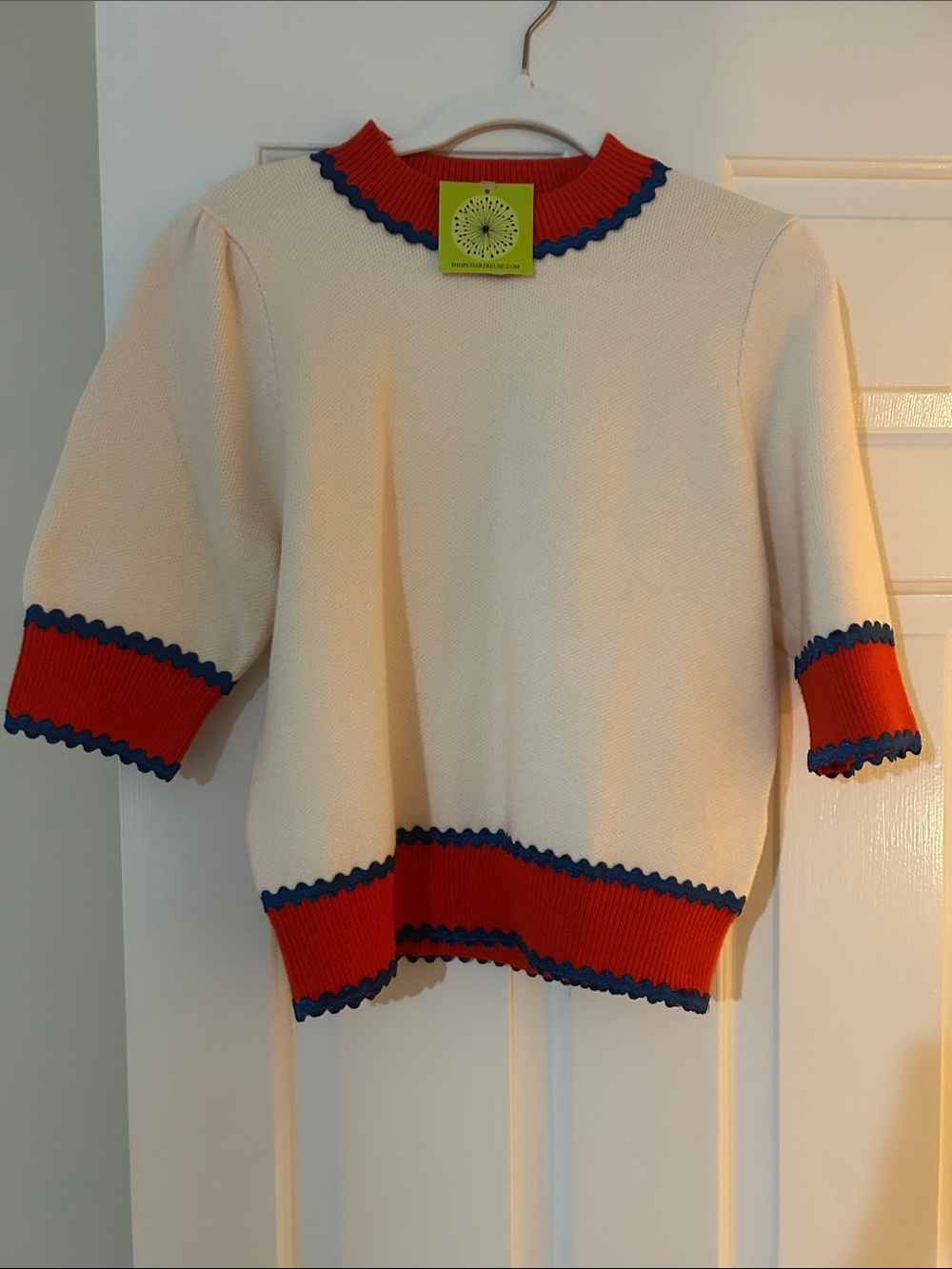 Cream Knit Sweater with Red & Blue Trim - Brand New